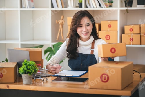 Preview: Small start-up business owners using computers at work, freelancers, saleswoman, checking production