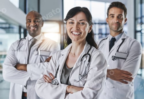 Preview: Portrait of a team of confident doctors standing together in a hospital