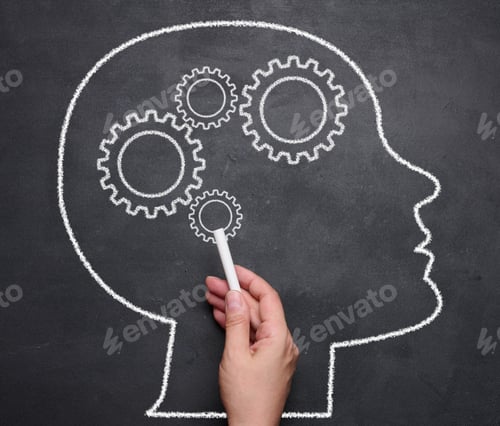 Preview: Silhouette of a head and a brain consisting of cogs. Concept of searching for ideas, mental health