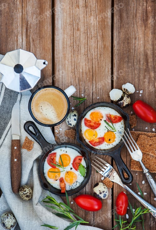 Preview: Fried Eggs and Coffee Still Life on Wood