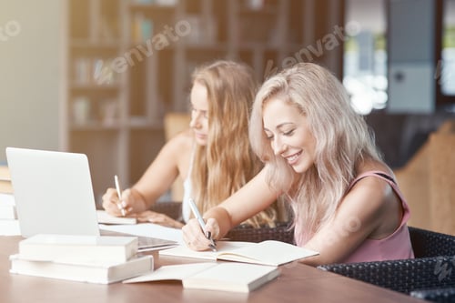 Preview: Two female friends together indoors sitting at the library writing assignment