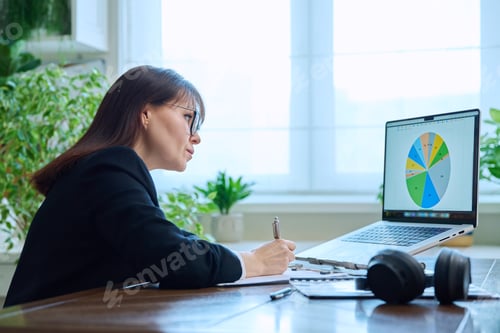 Preview: Mature serious business woman working at computer, workplace boss entrepreneur
