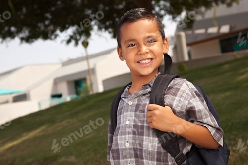 Preview: Happy Young Hispanic Boy with Backpack Ready for School.