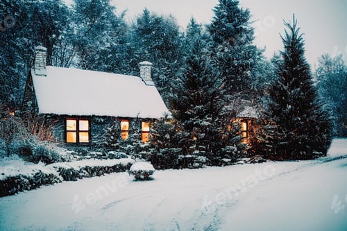 Preview: A house in the snow surrounded by a forest, holiday atmosphere, 3D illustration