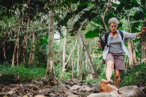 Preview: woman family or friends group trekking travel in adventure lifestyle, nature hiking in vacation