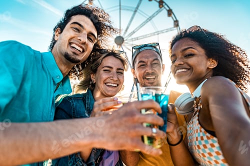 Preview: Young people having fun at festival beach party - Youth and travel concept
