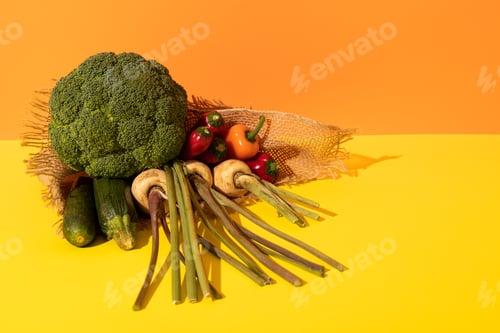 Preview: High angle view of various fresh organic vegetables with burlap on dual toned background, copy space