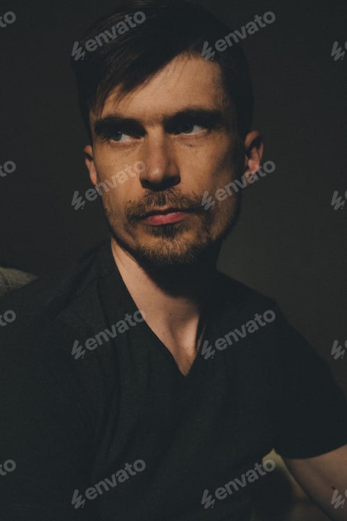 Preview: portrait of an unshaven dark-haired man with gray-green eyes