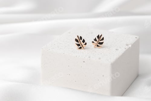 Preview: Subject shot of two gold earrings shaped as leaves on concrete podium. Beautiful accessories for