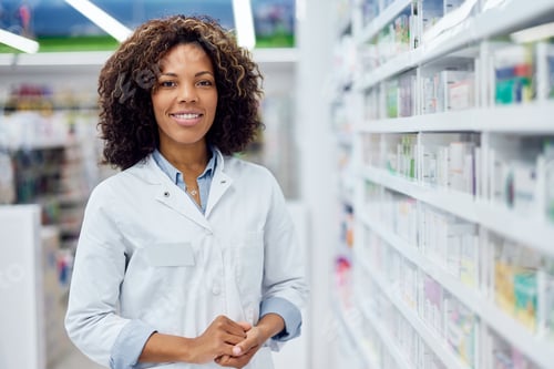 Preview: Portrait of a smiling black woman, looking at the camera, standing next to shelf with medicine.
