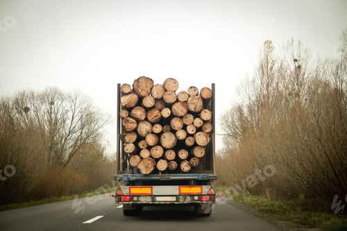 Vista previa: A truck loaded with firewood navigates a curved road through a dense forest
