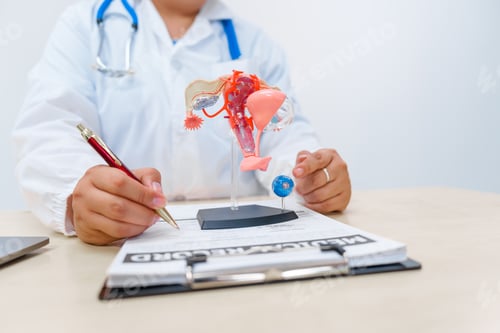 Preview: A doctor works at a desk, examining a uterus model to provide medical care and treatment