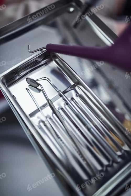 Preview: Close up view of different dental tools in clinic