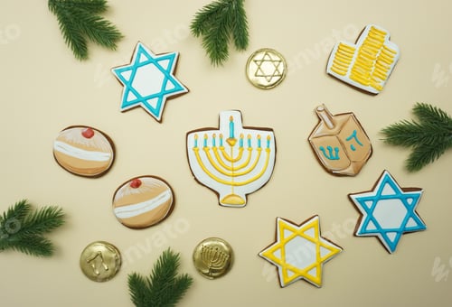 Preview: Gingerbread cookies with symbols of the Hanukkah holiday are laid out on the background