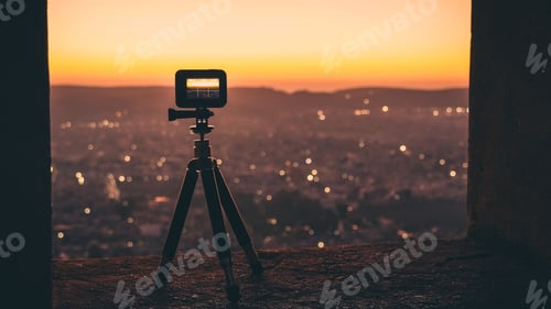 Preview: Digital camera capturing a beautiful sunset over the city.