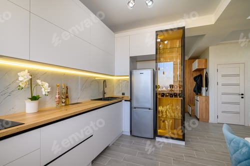 Preview: A modern white studio with a kitchen ready to use