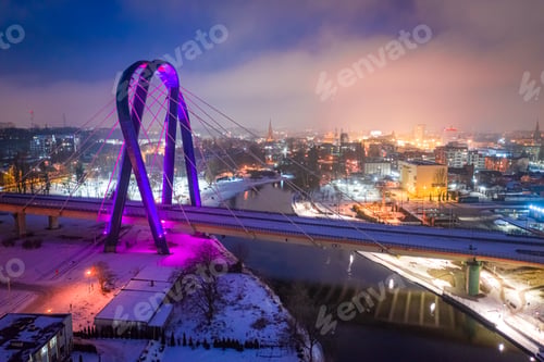 Preview: Bridge over Brda river by night. University Route in Bydgoszcz.