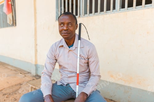 Preview: An African blind man with a cane sits on a bench