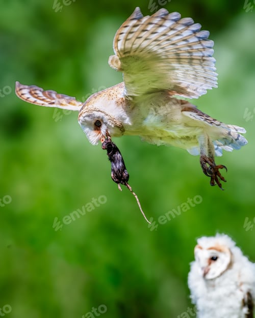 Preview: Barn owl in flight holding a mouse with a blurred green background