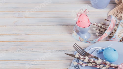 Preview: Easter Table Setting with Willow Branches, Colorful Eggs and Cutlery