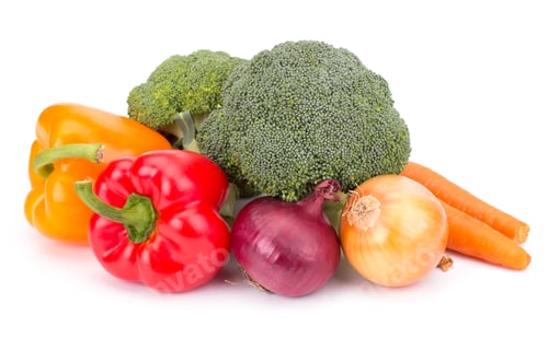 Preview: Fresh vegetables: brocolli, bell peppers, carrot, onion isolated on white background