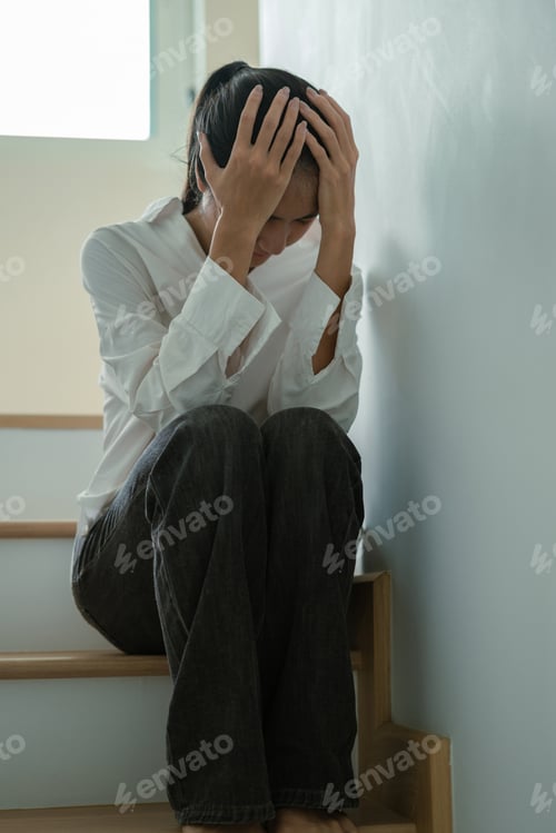 Preview: House debt bankrupt stress concept, Depressed Women feeling tired, Sad and unhappy.