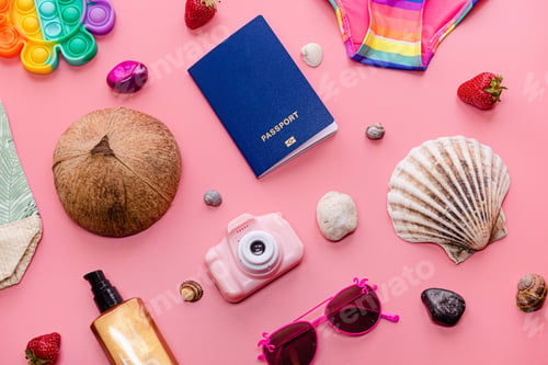 Preview: Flat lay travel items laid out in a beautiful pattern. Travel or vacation concept.