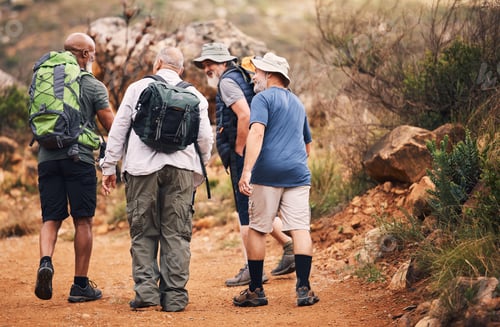 Preview: Hiking, travel and walk with old men on mountain for fitness, trekking and backpacking adventure. E