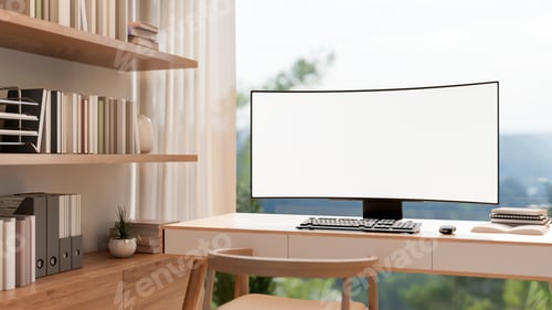 Preview: Blank curved screen computer on wooden table and chair aside bookshelf and glass window wall.