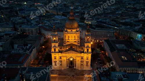 Preview: Aerial view of Budapest city skyline and St. Stephens Basilica at night, Hungary