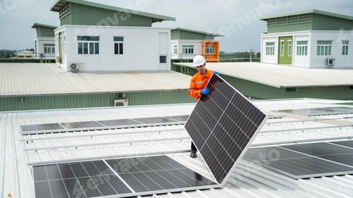 Preview: Men technicians mounting photovoltaic solar moduls on rooftop of warehouse.