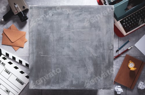 Preview: Empty table and relax creative concept design. Movie and screenwriter or composer concept