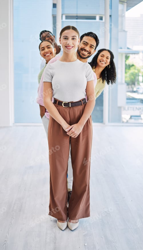 Preview: Women, men and team building in row in office with portrait, diversity and happiness for collaborat