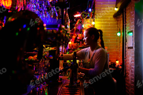 Preview: Female bartender working behind the counter of a bar.