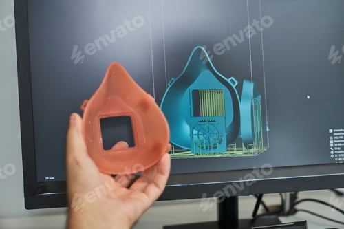 Preview: Crop person comparing 3d figure of respirator and 3d model on sc