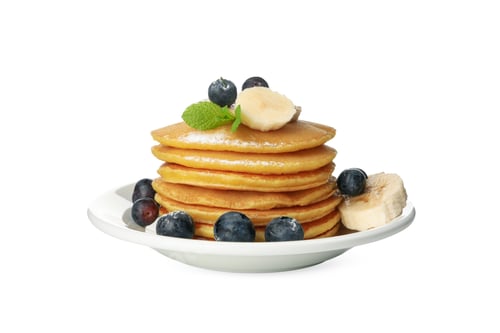 Preview: Tasty pancakes with fruits isolated on white background