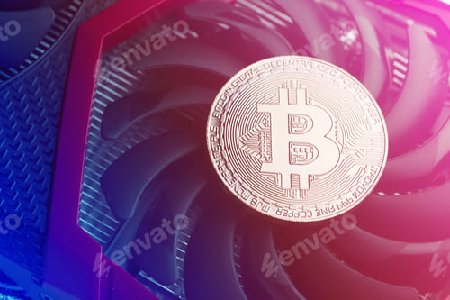 Preview: cryptocurrency mining concept with golden bitcoin
