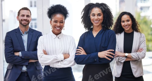 Preview: Happy, leadership and portrait of proud business people in office, empowered and teamwork. Face, le