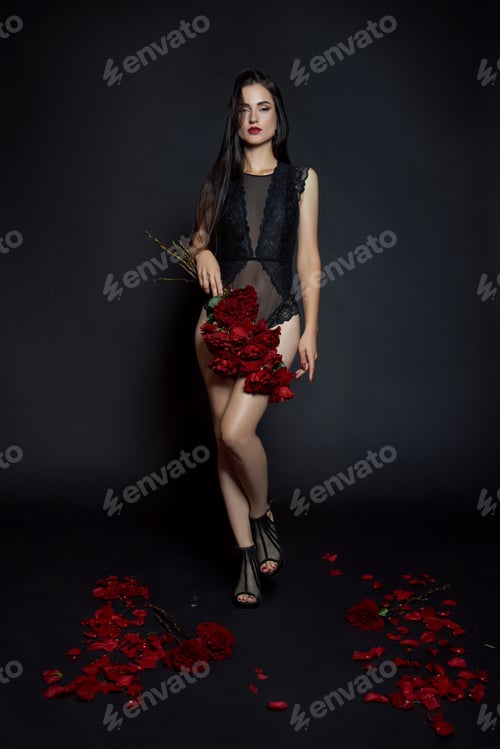Preview: Woman with Roses Wearing Elegant Lingerie on Dark Background