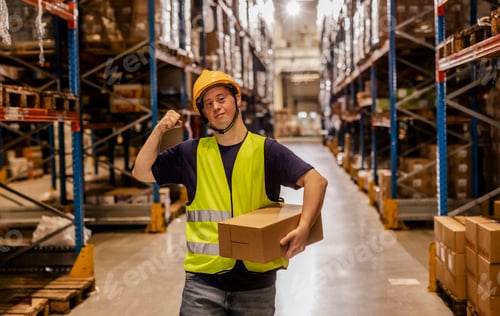 Preview: Proud Warehouse Worker with Down Syndrome Carrying Box in Aisle