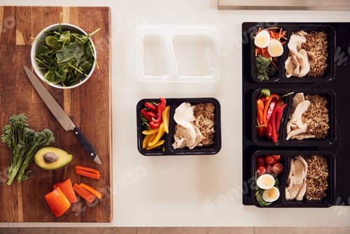 Preview: Overhead Shot Of Ingredients And Containers For Batch Of Healthy Meals At Home On Kitchen Counter