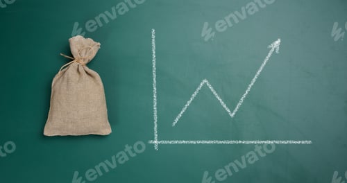 Preview: A full canvas bag and a graph drawn in chalk on a green board. Growth of incomes