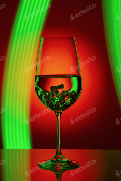 Preview: Crystal clear glass of liquid against a vibrant, neon red and green background