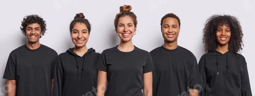 Preview: Set of positive young mixed race people smile broadly show perfect teeth being in good mood dressed