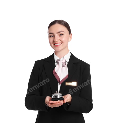 Preview: Smiling receptionist in uniform holding service bell on white background