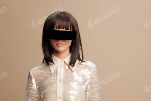 Vista previa: Blindfolded woman with text blindfold and blind on the blindfold, standing against a beige