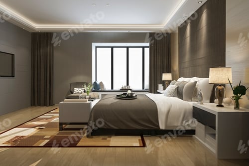 Preview: 3d rendering beautiful luxury bedroom suite in hotel with tv
