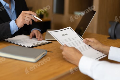 Preview: Job applicant holding resume is discussing and interviewing with manager in the recruitment office.