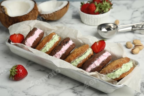Preview: Different sweet delicious ice cream cookie sandwiches served on table