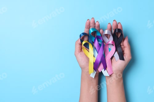 Preview: Colorful awareness ribbons for supporting people living and illness. World Cancer Day, healthcare an